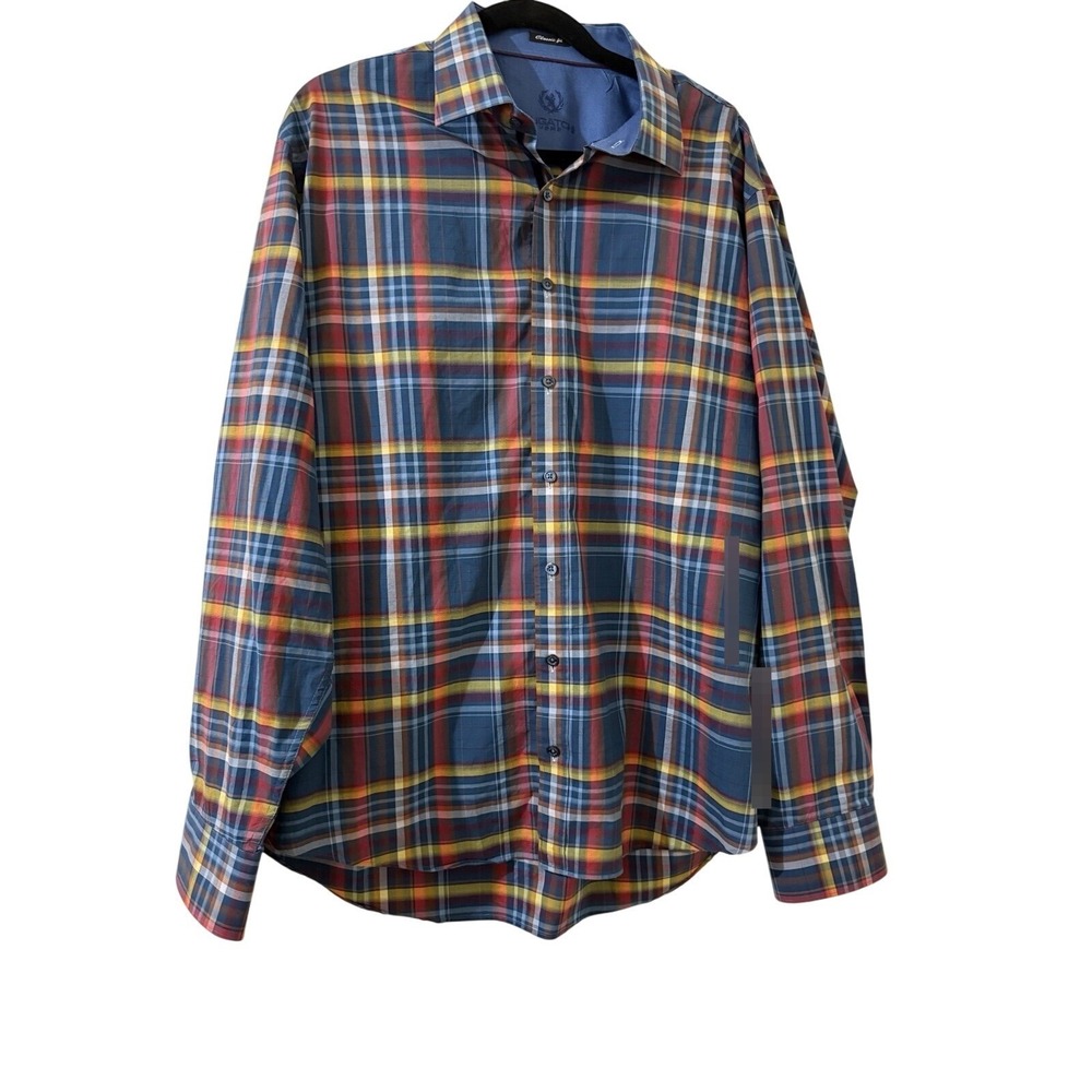 Bugatchi Shirt 2XL Blue Plaid Flip Cuff‎ Button Up Long Sleeve Classic Fit Mens